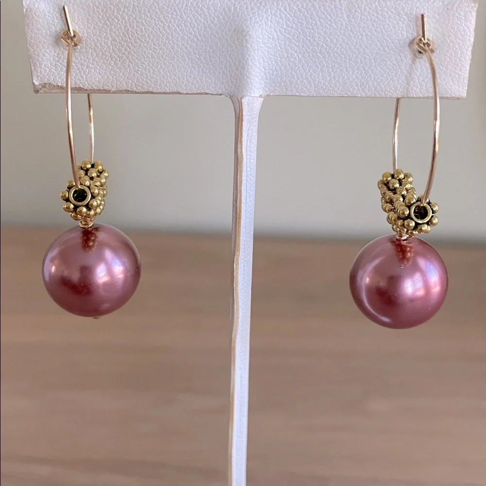 HAND CRAFTED HOOP EARRINGS Mauve Faux Pearls Gold Plated Daisy Rondelles